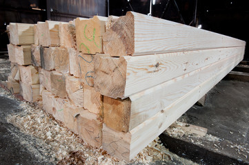Wood timber in the sawmill.