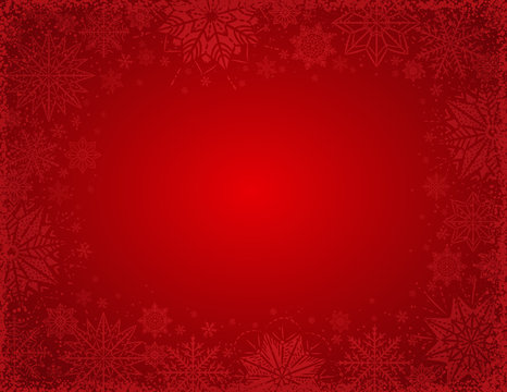 Red christmas background with frame of snowflakes and stars, vector illustration