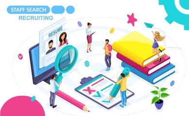 Isometric Concept of viewing a resume in a recruiting agency. Isometric people on the move, view summary. Concepts for web banners and printed materials