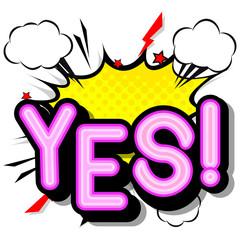 Yes- retro  popart style lettering with shadows on a white background.