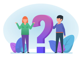 Confused man and woman standing near big question mark. Help, customer support. Seek for solution. Flat design vector illustration