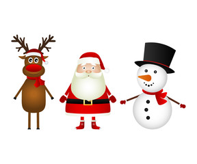 Santa Claus with reindeer and a snowman standing on a white back