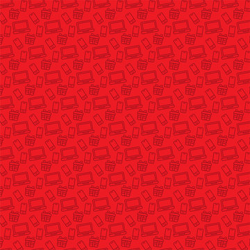 Black Friday Minimalist  line style red duotone texture technology icons background including gaming control, laptop computer, tablet, gift box and smartphone 