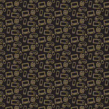 Black Friday Minimalist  line style yellow or golden texture technology icons background including gaming control, laptop computer, tablet and smartphone