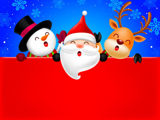 Happy Snowman, Santa Claus and Reindeer holding blank advertisement banner background with copy space. Christmas theme concept. Illustration.