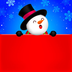 Happy Snowman holding blank advertisement banner background with copy space. Christmas theme concept. Illustration.