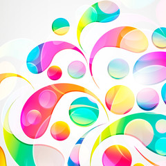 Abstract colorful paisley arc-drop pattern on a white background. Transparent colorful drops and circles design card.  Vector illustration.