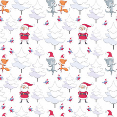 Christmas seamless pattern with Santa Claus, cute animals and fir trees. Childhood vector background in cartoon style.