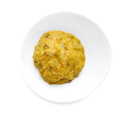 Plate with tasty sauce on white background
