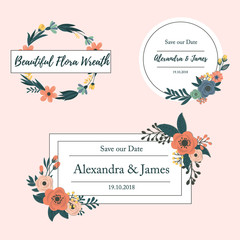 Set of Wedding invitation Card with floral on pink background. wedding celebration. Vector design.