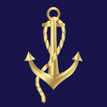 Gold anchor vector illustration isolated on a blue background.