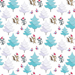 Christmas seamless pattern with cute animals and fir trees. Childhood vector background in cartoon style.