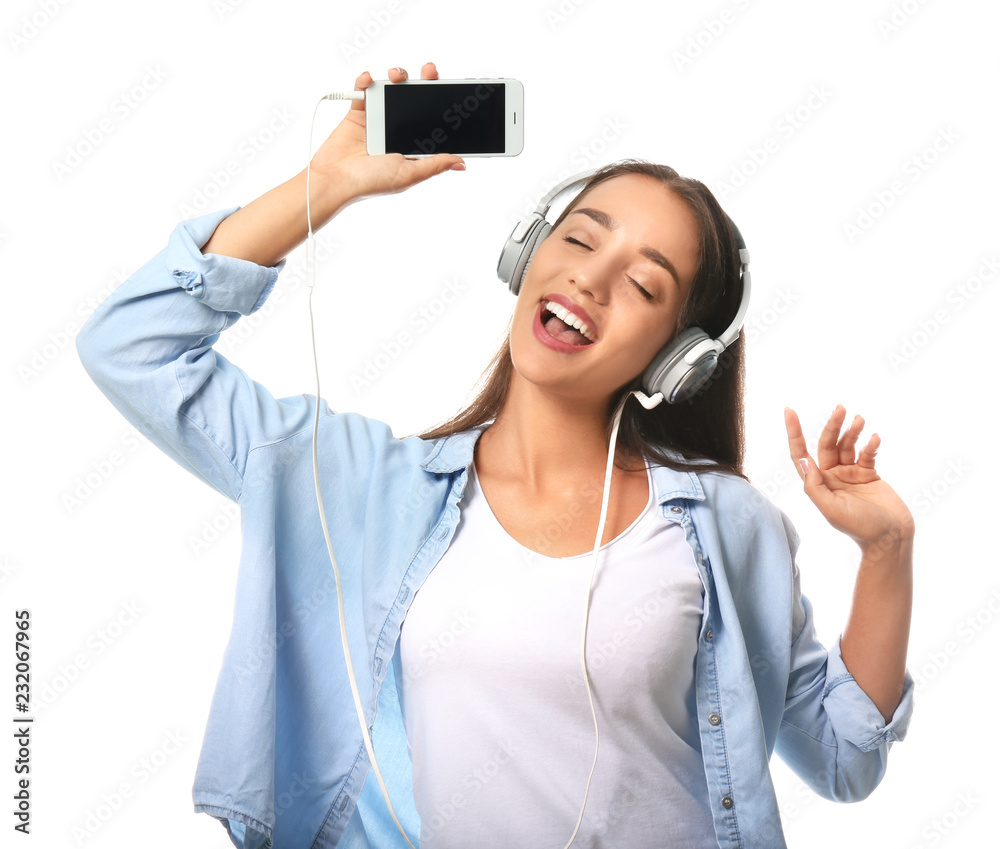 Sticker Beautiful young woman listening to music on white background