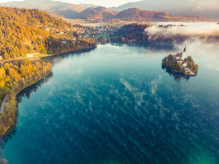 Colorful autumn at lake Bled in Slovenia at sunrise