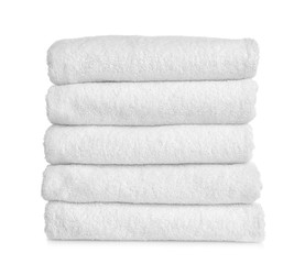 Stack of clean towels on white background