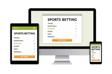 Desktop computer, tablet and smartphone isolated on white with sports betting concept on screen. Digital generated devices.