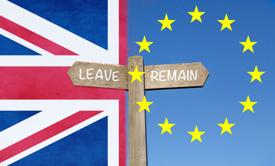 Leave or Remain in the European Union - Brexit Signpost concept with national flags image montage. 