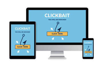 Desktop computer, tablet and smartphone isolated on white with clickbait concept on screen. Digital generated devices.