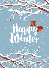 Fototapeta na wymiar Vector illustration with calligraphic inscription Happy Winter. Snowy winter landscape with snow-covered tree branches and funny birds in the park or garden on a background of blue sky with snowflakes