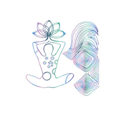 Color graphic illustration of a meditating man. The idea for a tattoo or a print. Patterns and circles.