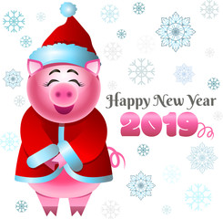 Happy New year greeting card with funny pig symbol of 2019. 