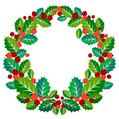 Christmas wreath of mistletoe with red berries. Vector illustration. 