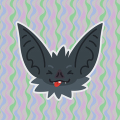 Fototapeta na wymiar Halloween Bat smiley head with stuck out tongue and closed eyes. Vector illustration of bat-eared grey snout shows fun emotion. Joke emoji. Halloween decoration, print, sticker, chat, communication.