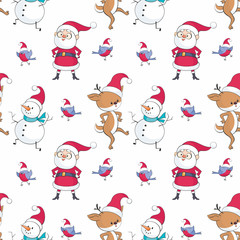 Christmas seamless pattern with Santa Claus, snowman, cute deer and birds. Childhood vector background in cartoon style.
