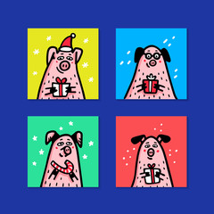 Pig cards set. Funny pigs with candy canes, gifts and santa hats. 2019 Chinese New Year symbol. Doodle style characters for greeting cards, print, icon, sticker. Vector illustration.