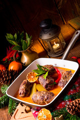 Wintry beef roulades with plum and bacon stuffing and cucumber