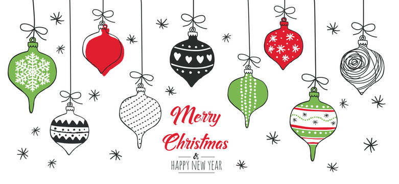 Merry Christmas greeting card red and green with modern baubles. Vector illustration. 