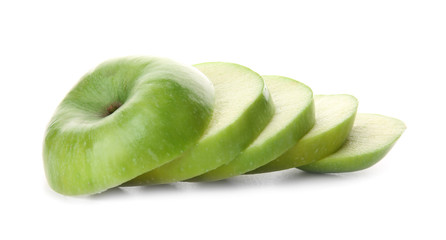 Cut tasty apple on white background