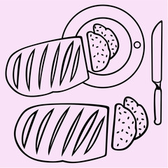 sliced loaf bread on a board with knife 