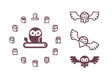 Owl icon collection. Set of outline owls and emblems design elements for schools, educational signs.