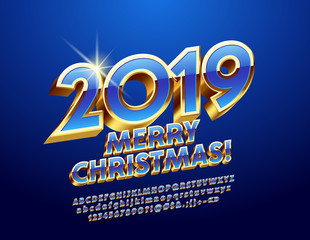 Vector Merry Christmas 2019 chic Greeting Card. Rotated bright Alphabet Letters. Blue and Golden 3D Font.