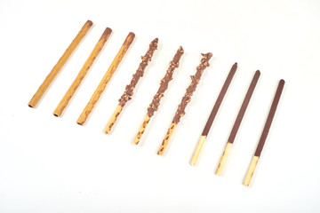 set of chocolate biscuit stick on white background.
