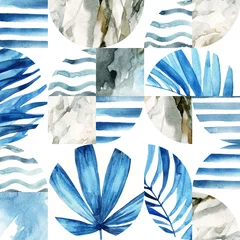  Abstracte geometrische naadloze patroon: tropische bladeren, golven, strepen, halve cirkels, cirkels, vierkanten, grunge, korrelig, papier, marmer, aquarel texturen, doodles. © Tanya Syrytsyna