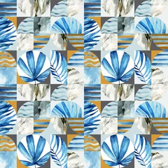 Deurstickers Abstracte geometrische naadloze patroon: tropische bladeren, golven, strepen, halve cirkels, cirkels, vierkanten, grunge, korrelig, papier, marmer, aquarel texturen, doodles. © Tanya Syrytsyna