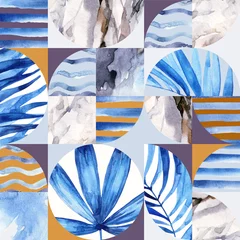 Keuken spatwand met foto Abstracte geometrische naadloze patroon: tropische bladeren, golven, strepen, halve cirkels, cirkels, vierkanten, grunge, korrelig, papier, marmer, aquarel texturen, doodles. © Tanya Syrytsyna