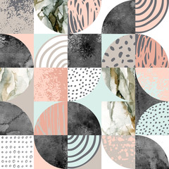 Fototapety  Modern seamless geometric pattern: semicircles, circles, squares, grunge, marble, watercolor textures, doodles