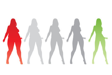 Fototapeta na wymiar Conceptual fat overweight obese female vs slim fit healthy body after weight loss or diet with muscles thin young woman isolated. Fitness, nutrition or fatness obesity, health silhouette shape