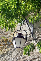 Vieille lanterne accroch&eacute;e &agrave; un vieux mur en pierre sous un arbre vert, Beaugency, ville du Val de Loire, d&eacute;partement du Loiret, France