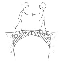 Cartoon stick drawing conceptual illustration of two man, politicians or businessmen shaking hands on the bridge as metaphor of connection between different groups or nations.