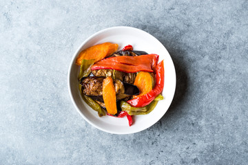Turkish Food Style Fried Vegetables, Red Pepper, Aubergine, Carrot, Hot Pepper and Onions / Sebze Kizartma.