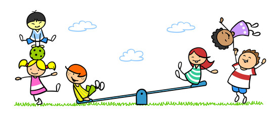 Gruppe Kinder beim Spielen auf Spielplatz mit Wippe