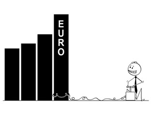 Cartoon stick man drawing conceptual illustration of businessman using detonator and explosives as metaphor of speculation and trying to destroy Euro currency chart or graph.