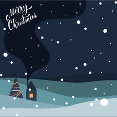 Merry Christmas and Happy New Year Postcard. Hand drawn lettering. Winter forest. Elements for greeting card, poster, banners. T-shirt, notebook and sticker design