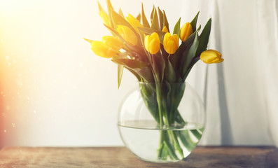 A bouquet of red tulips in a vase on the windowsill. A gift for a woman's day from red tulip flowers. Beautiful red flowers in a vase by window.