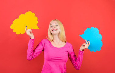 Speech bubble banner. Blonde girl making decision. Choice. Woman making choice. Advertising. Blonde woman with advertising card. Yes or No. Make decision. Surprised female student with two dialog sign