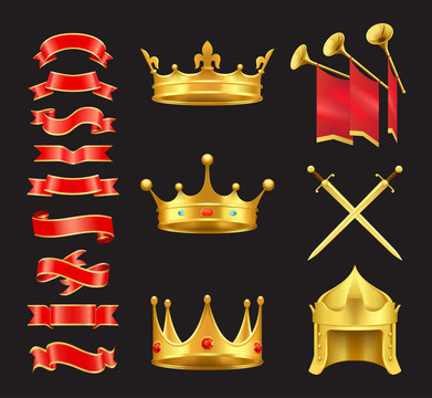 Ribbon and Crowns Swords Set Vector Illustration